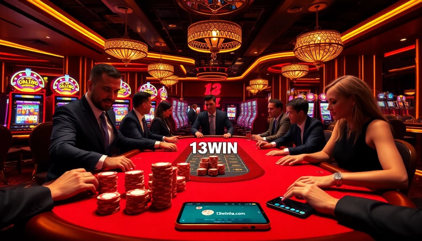 Engaged players at 13win-asia.com enjoy high-stakes poker in a vibrant casino setting.