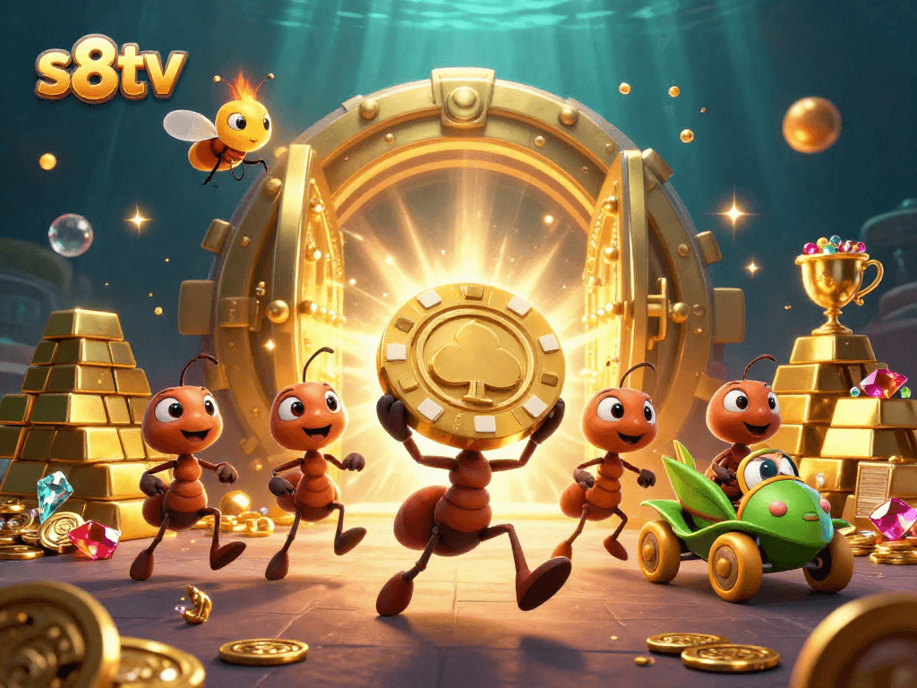 Experience thrilling action with s8tv in a vibrant heist scene featuring golden poker chips and playful characters.
