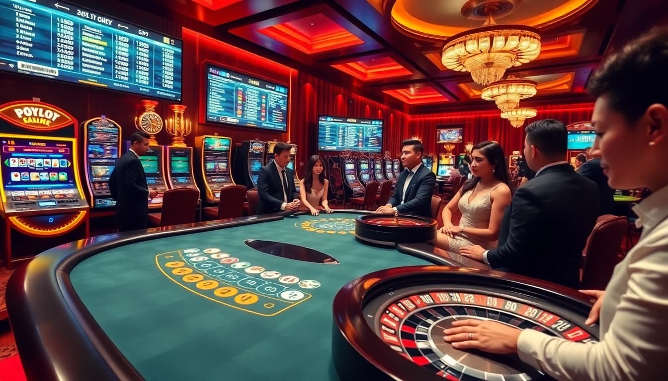 Experience thrilling gambling action at https://fly88.ae.org/ with a lively casino scene featuring poker tables and slot machines.