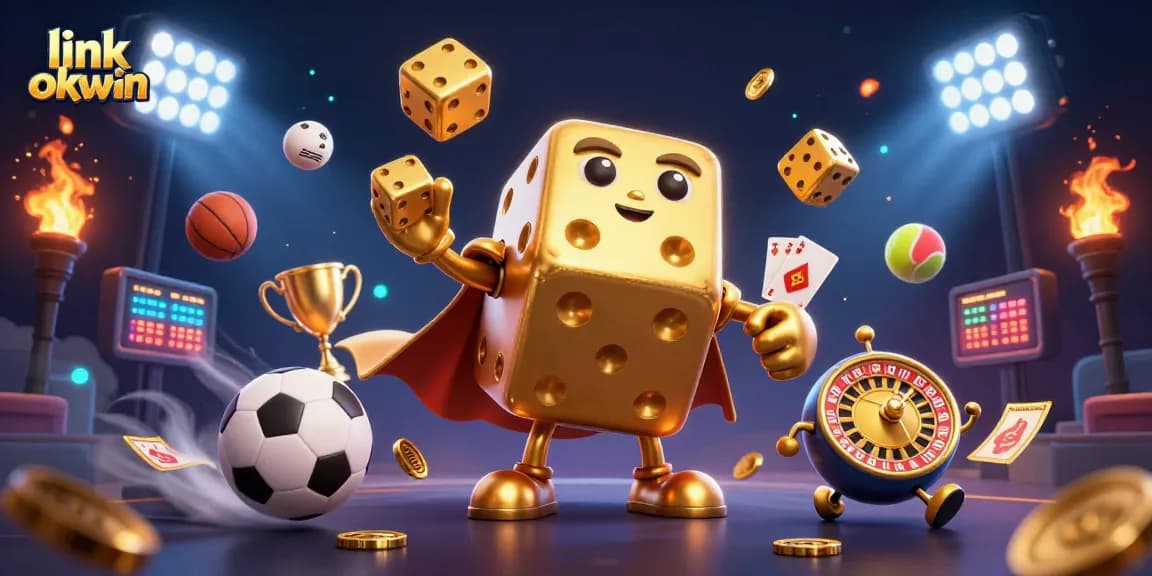 Engage in thrilling action with link okwin's dynamic gambling scene featuring golden dice and sports elements.
