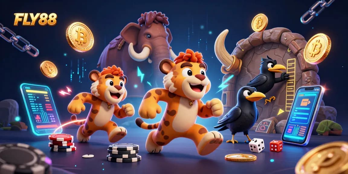 FLY88 showcases exciting prehistoric casino action with 3D characters and vibrant gambling elements.