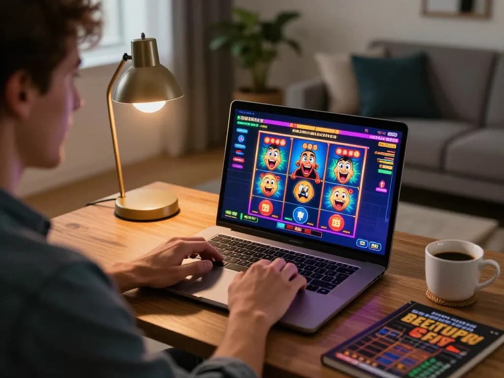 Engaging online gambling experience at kp88, showcasing vibrant slot graphics and a player's excitement.