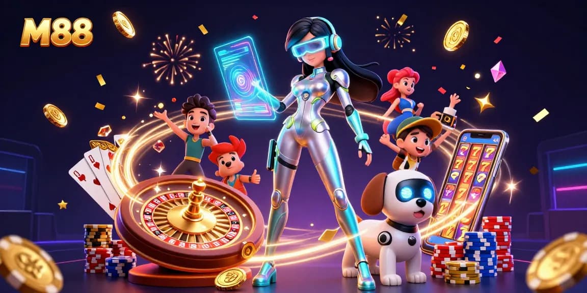 Experience thrilling M88 casino gaming, featuring stunning visuals and vibrant elements in 3D.