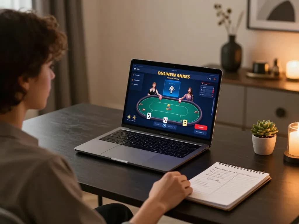 Player enjoying online poker at lv88nyc in a cozy home setting with strategic notes.