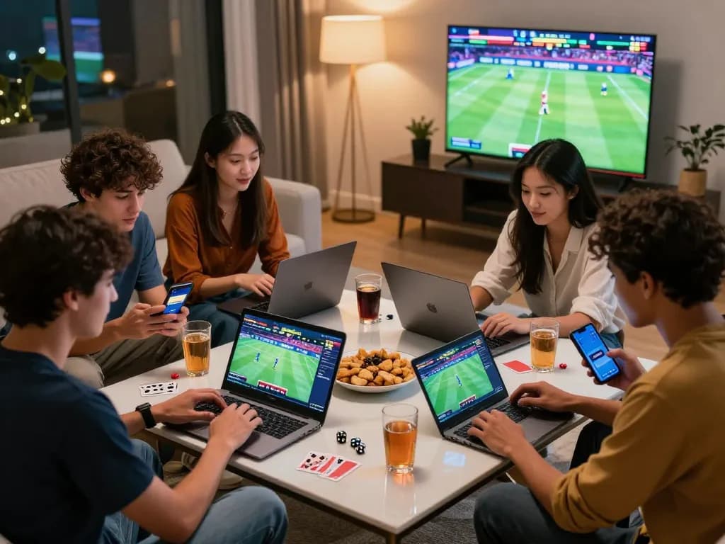 Friends enjoying a thrilling betting experience with 23win on modern devices in a lively home setting.