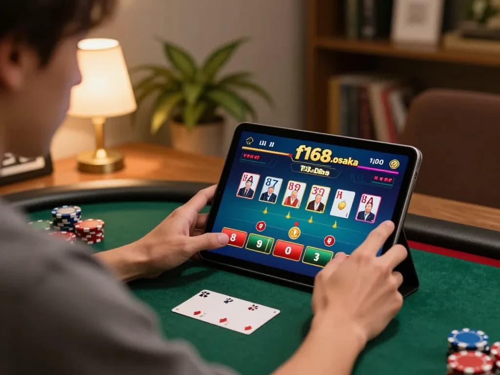 Player engaging with f168.osaka on a tablet, showcasing strategic online betting in a cozy home setting.