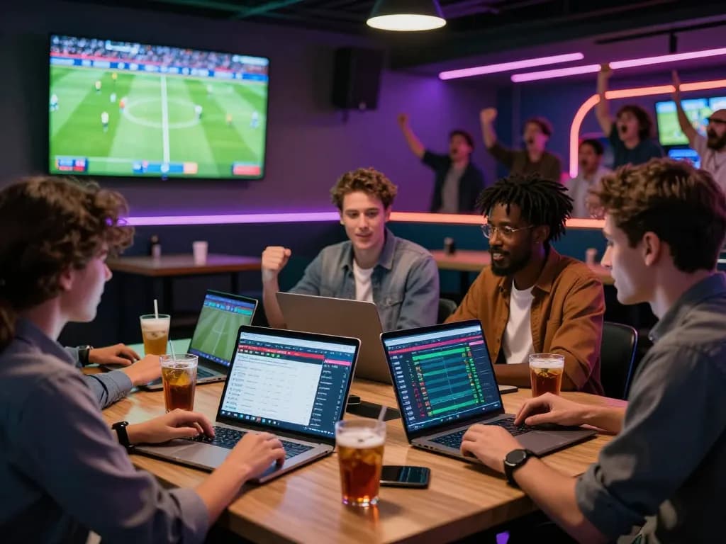 Friends actively analyzing kèo nhà cái odds in a modern sportsbook setting.