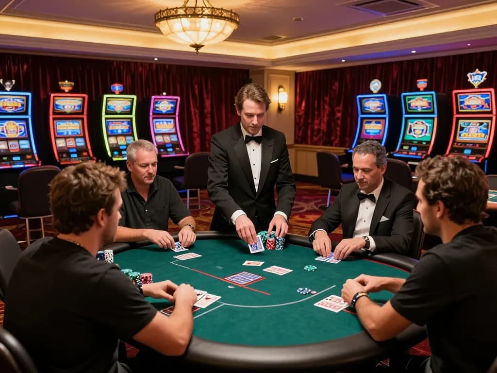 go88 players strategizing at a poker table in an upscale casino environment