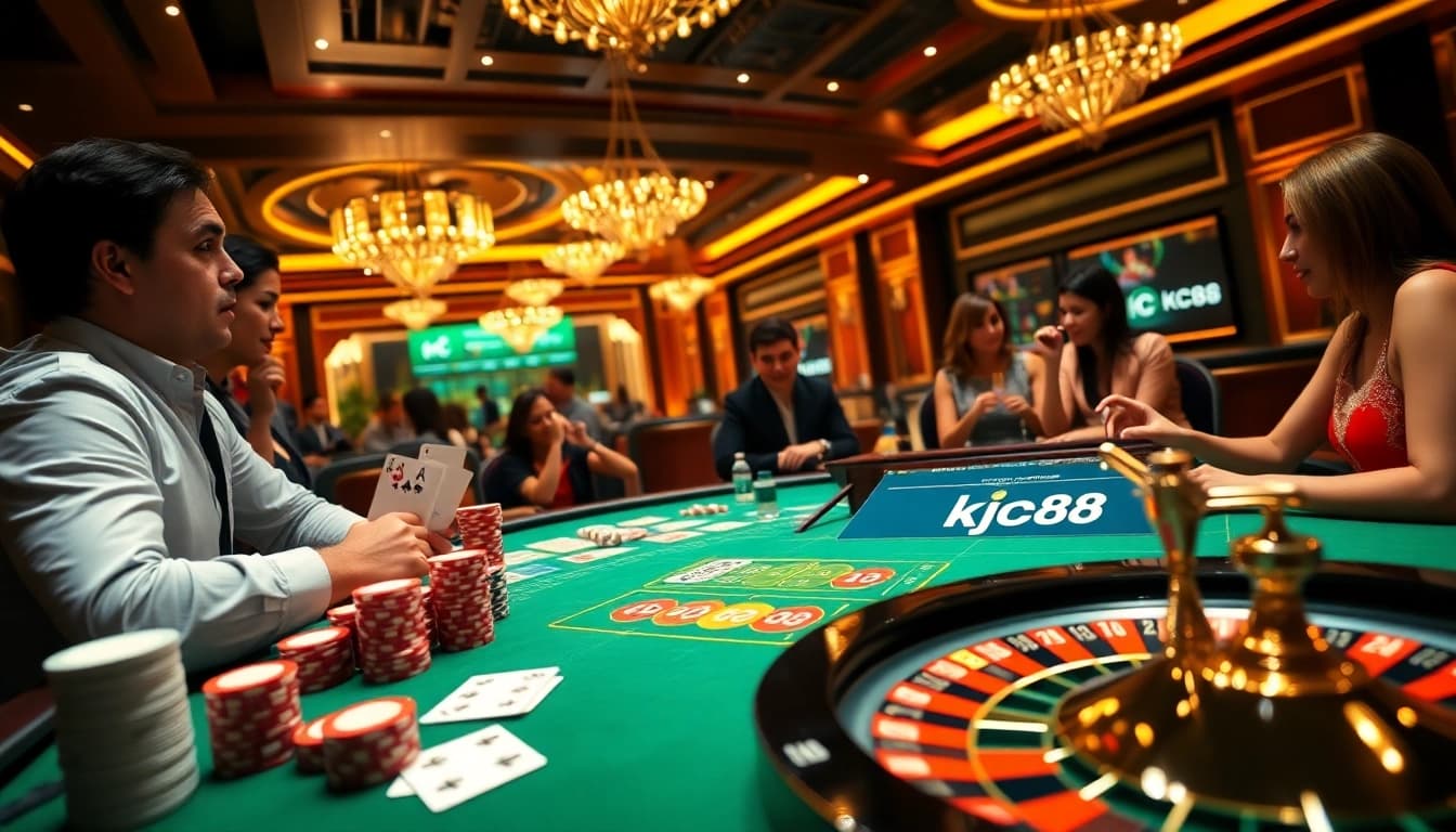 Players enjoying a thrilling game at a casino table, featuring kjc88 branding subtly integrated.