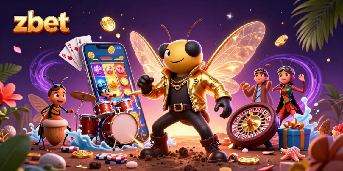zbet showcases vibrant casino action with a cicada rock star and dynamic game elements.