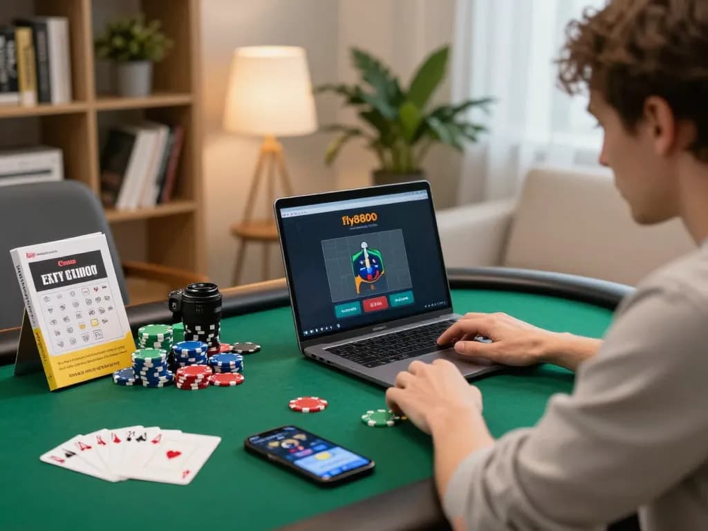 Engaged player strategizing a fly8800 poker game at home with vibrant gaming setup.