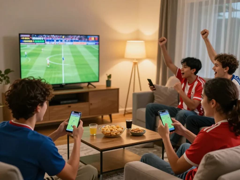 Socolive fans cheering during a live football match while placing bets on smartphones.