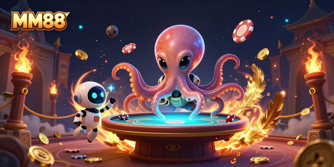 Engage in thrilling poker games at MM88 with an otherworldly octopus dealer and vibrant cosmic elements.