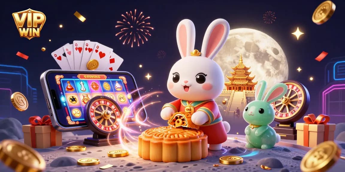 Experience thrilling gaming with VIPWIN, showcasing a dynamic scene of lucky moon rabbits, slot games, and golden chips.