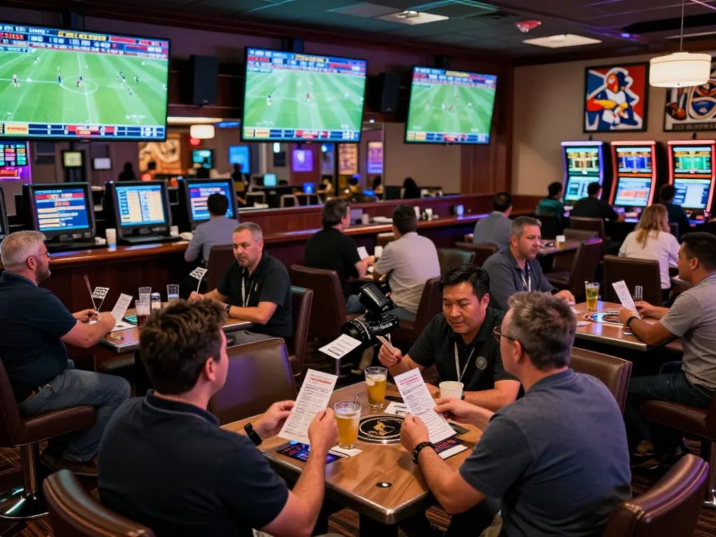 Fans celebrating resultsfootball outcomes while placing bets in a lively sports lounge.