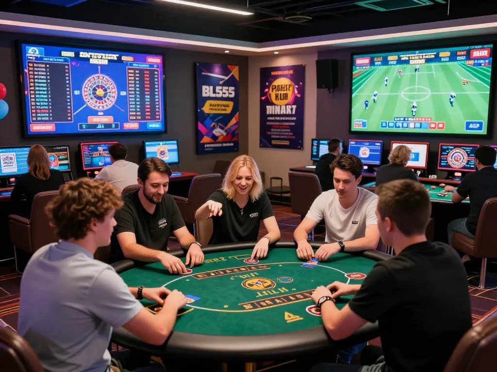 Players enjoying diverse betting games at BL555 online casino with vibrant atmosphere and modern setup.