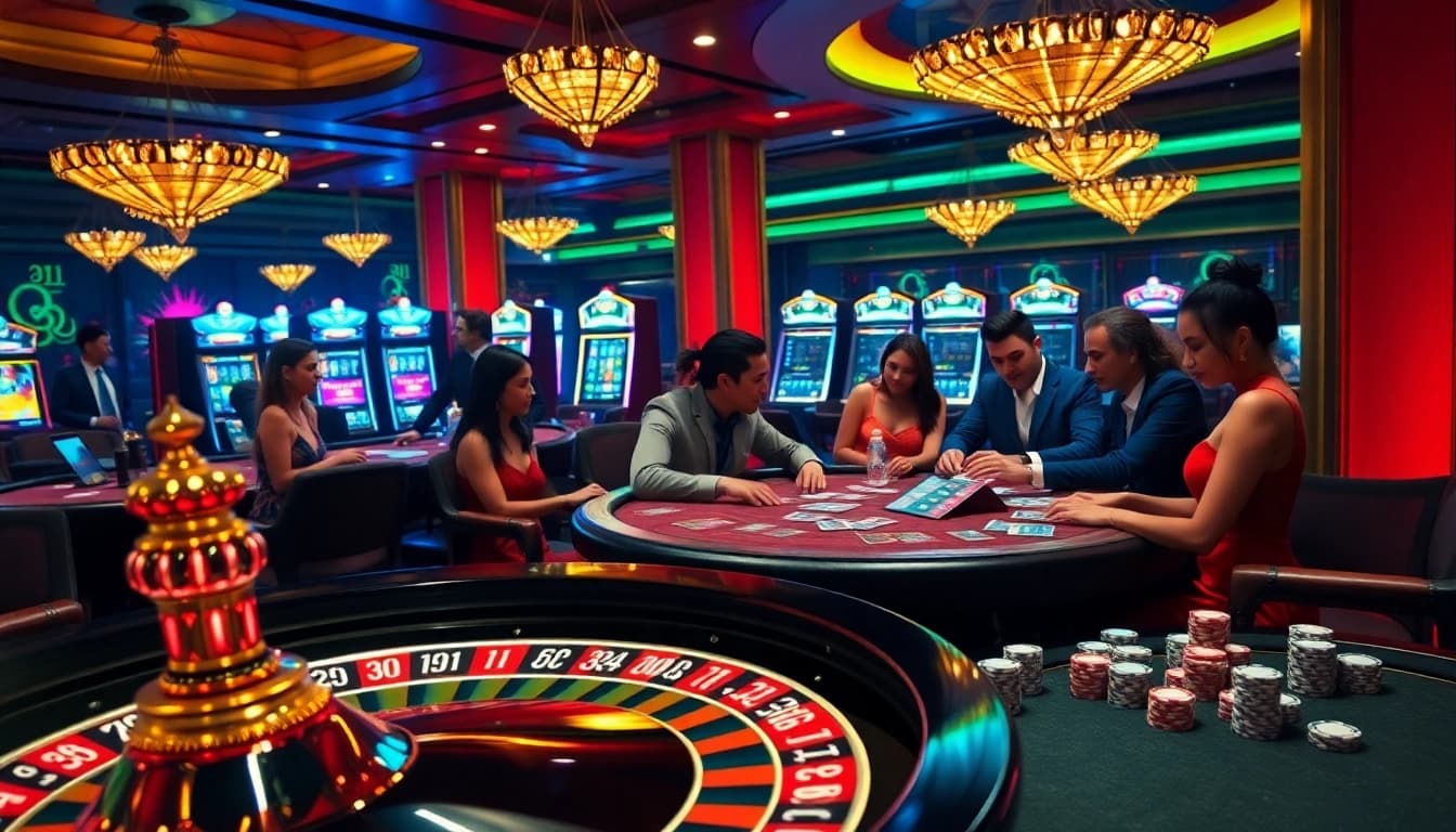 Exciting gaming atmosphere at luck8 casino with roulette and poker tables.
