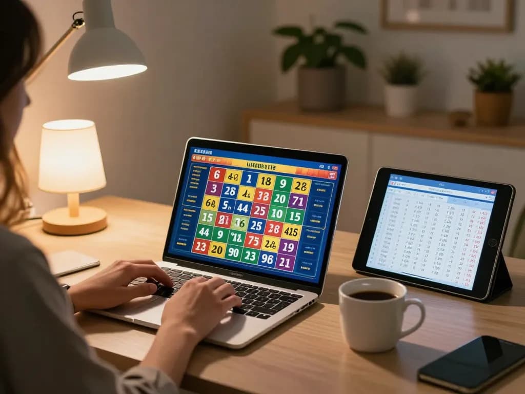 Person engaged in online 9 Lotto 4D gaming, using laptop at home for lottery results