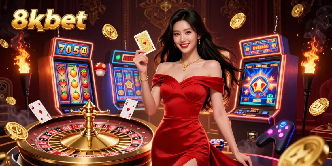 Play slots and win at 8xbet with stunning casino visuals featuring a glamorous dealer.
