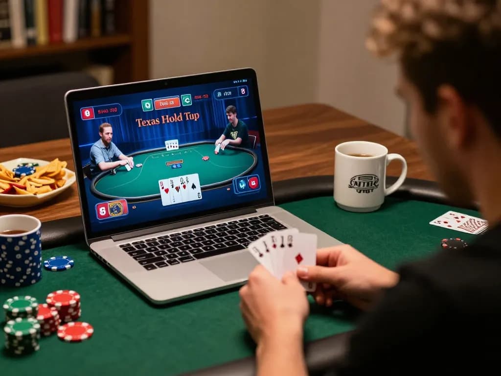 Player strategizing in an online poker game at home using danhlodeonline on their laptop