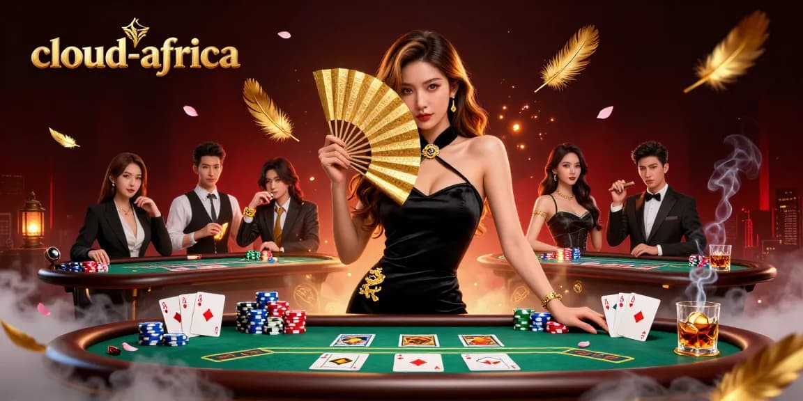 Play casino games at cloud-africa with a stunning Asian woman holding an ornate fan surrounded by poker elements.