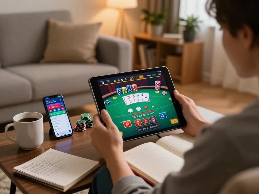 Player engages with the alo8 online casino, analyzing strategies on a tablet in a cozy home setting.