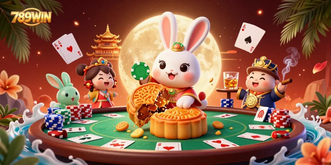 Play poker and win at 789WIN with a vibrant moon rabbit scene full of gaming excitement.