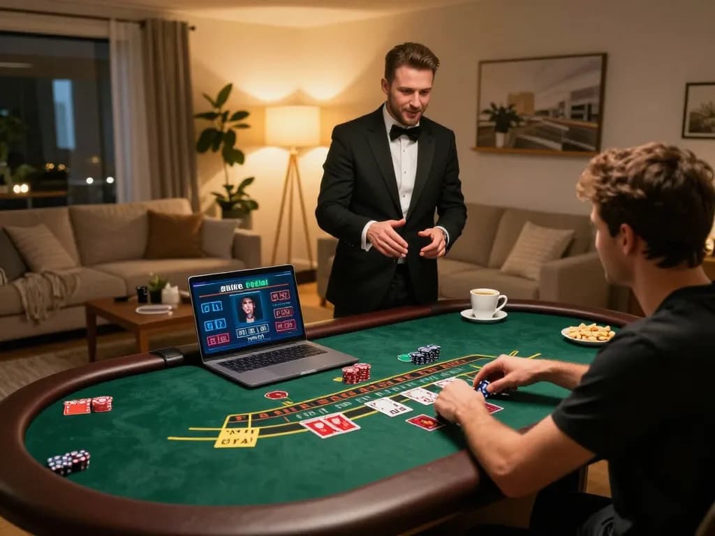 Player enjoying an intense ta88 blackjack game with a live dealer at home, showcasing strategic gameplay.