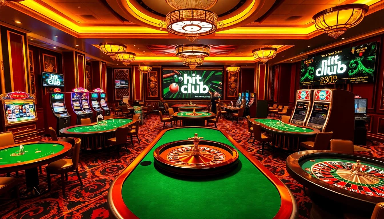 Exciting gambling action at hit club with vibrant tables, slot machines, and cheerful players.