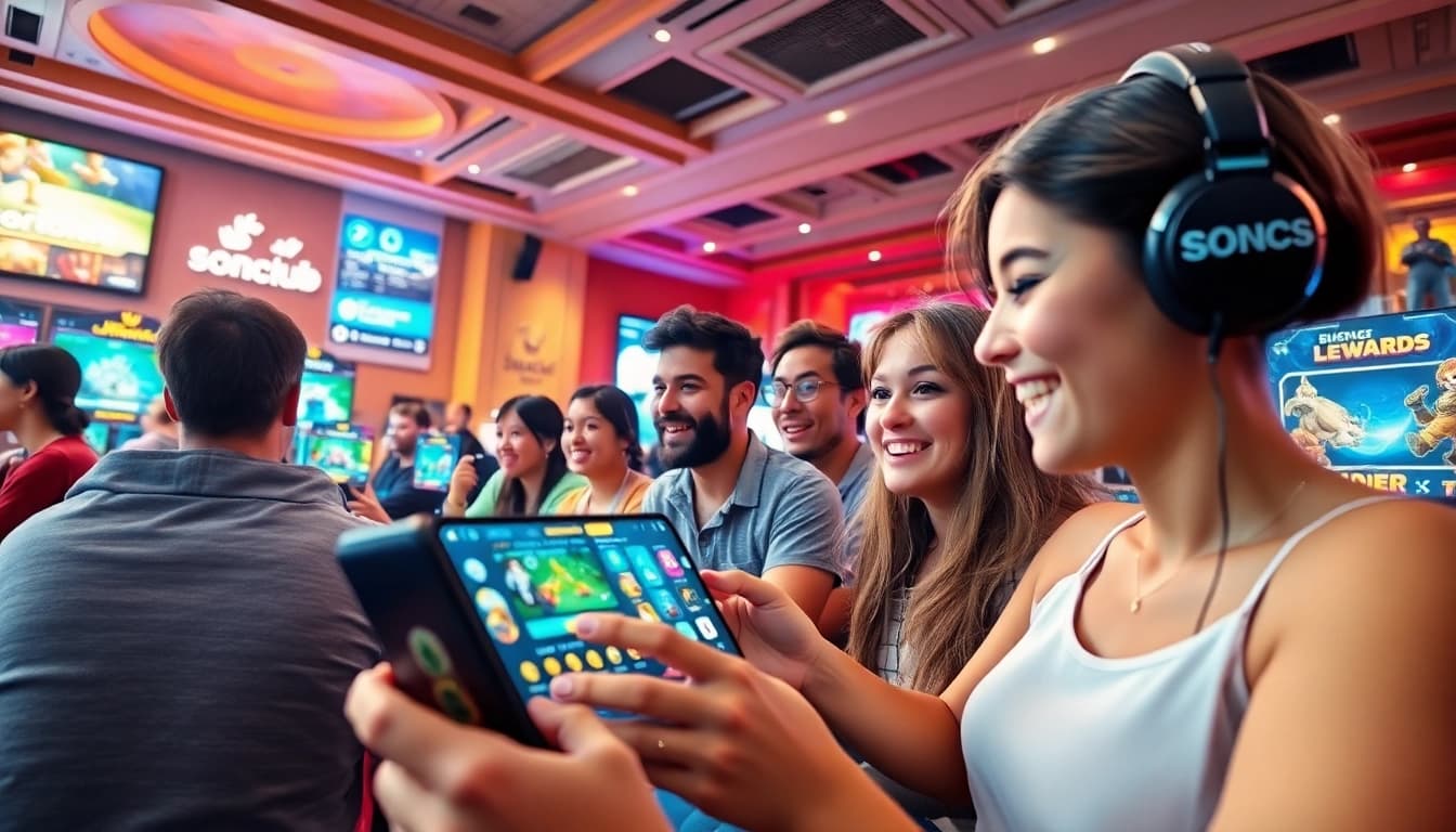 Experience the excitement of Sonclub through an engaging mobile gaming scene with diverse players and vibrant visuals.
