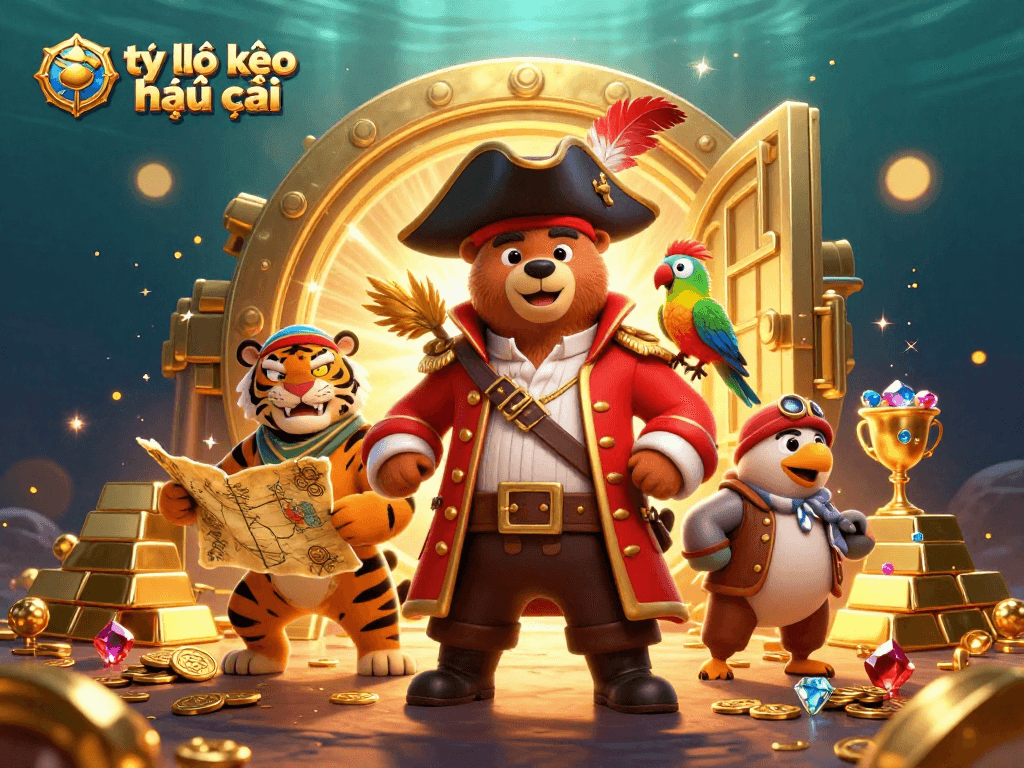 Engage with tỷ lệ kèo nhà cái illustrated in a vivid pirate-themed scene featuring treasure and gold.
