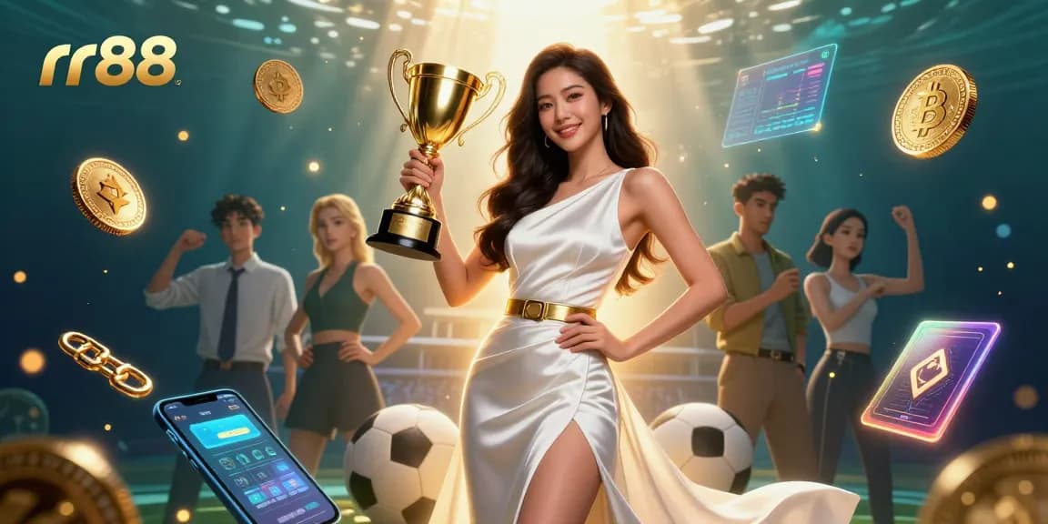 Win big at rr88 with a photorealistic Asian woman celebrating sports betting success amid vibrant casino elements.