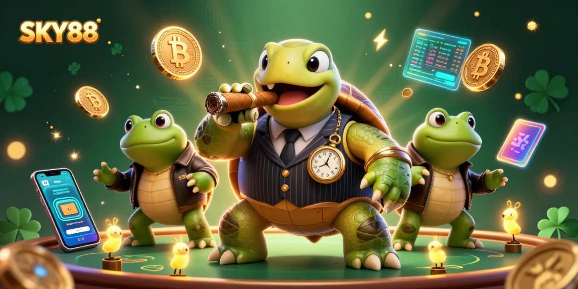 SKY88's engaging casino scene featuring a massive snapping turtle and bullfrog enforcers amidst dynamic gaming elements.