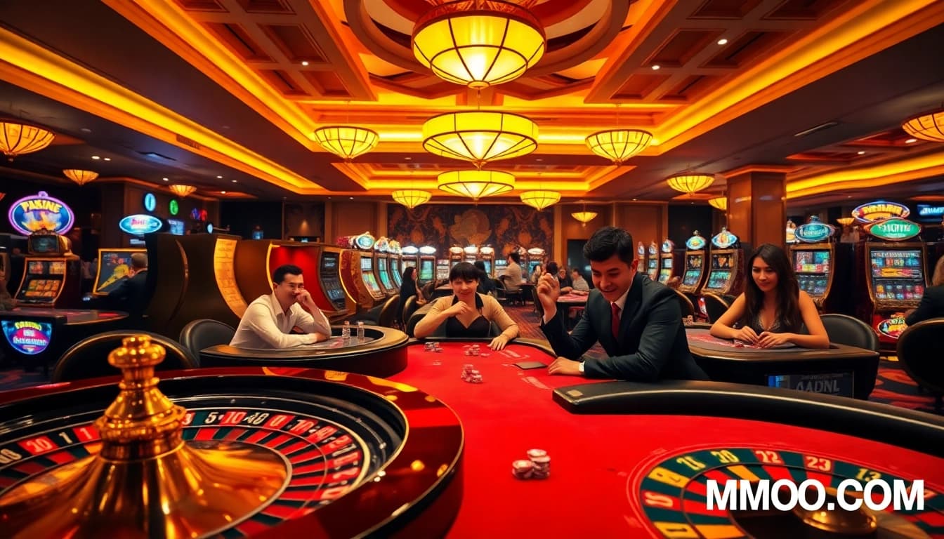 Exciting gameplay at MMOO.COM with players enjoying poker and roulette in a luxurious casino atmosphere.