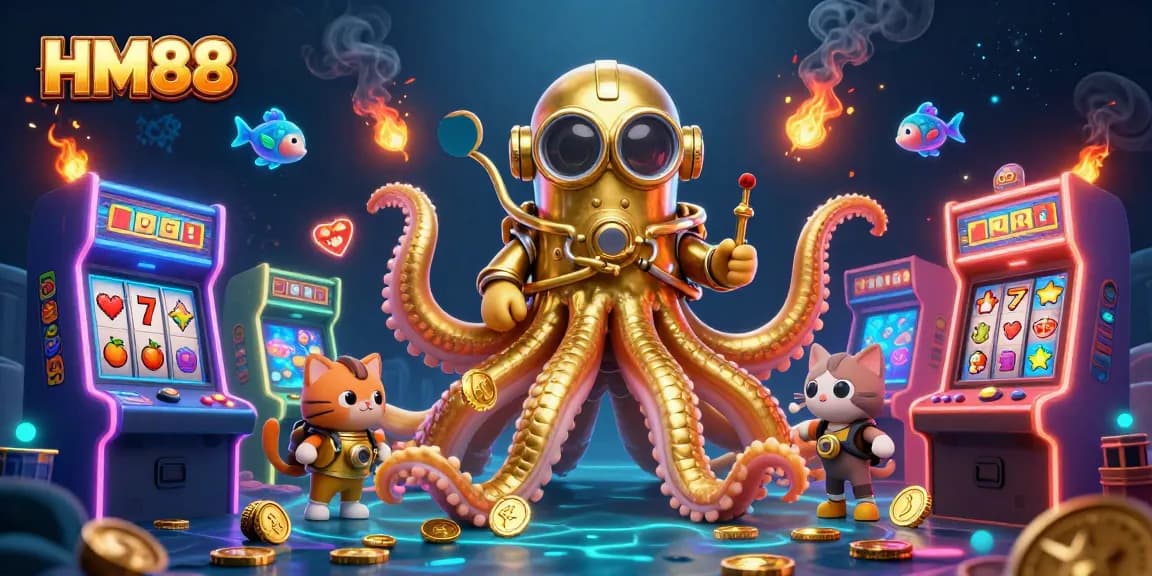 Engage in gaming fun at HM88 with a vivid, dynamic illustration featuring a kraken and a vintage diving cat.