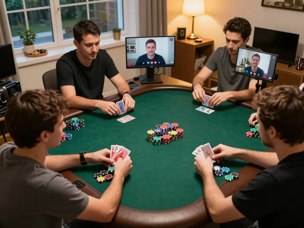 Players engaged in an online poker game at home with link onbet visible on devices, emphasizing social interaction and strategy.