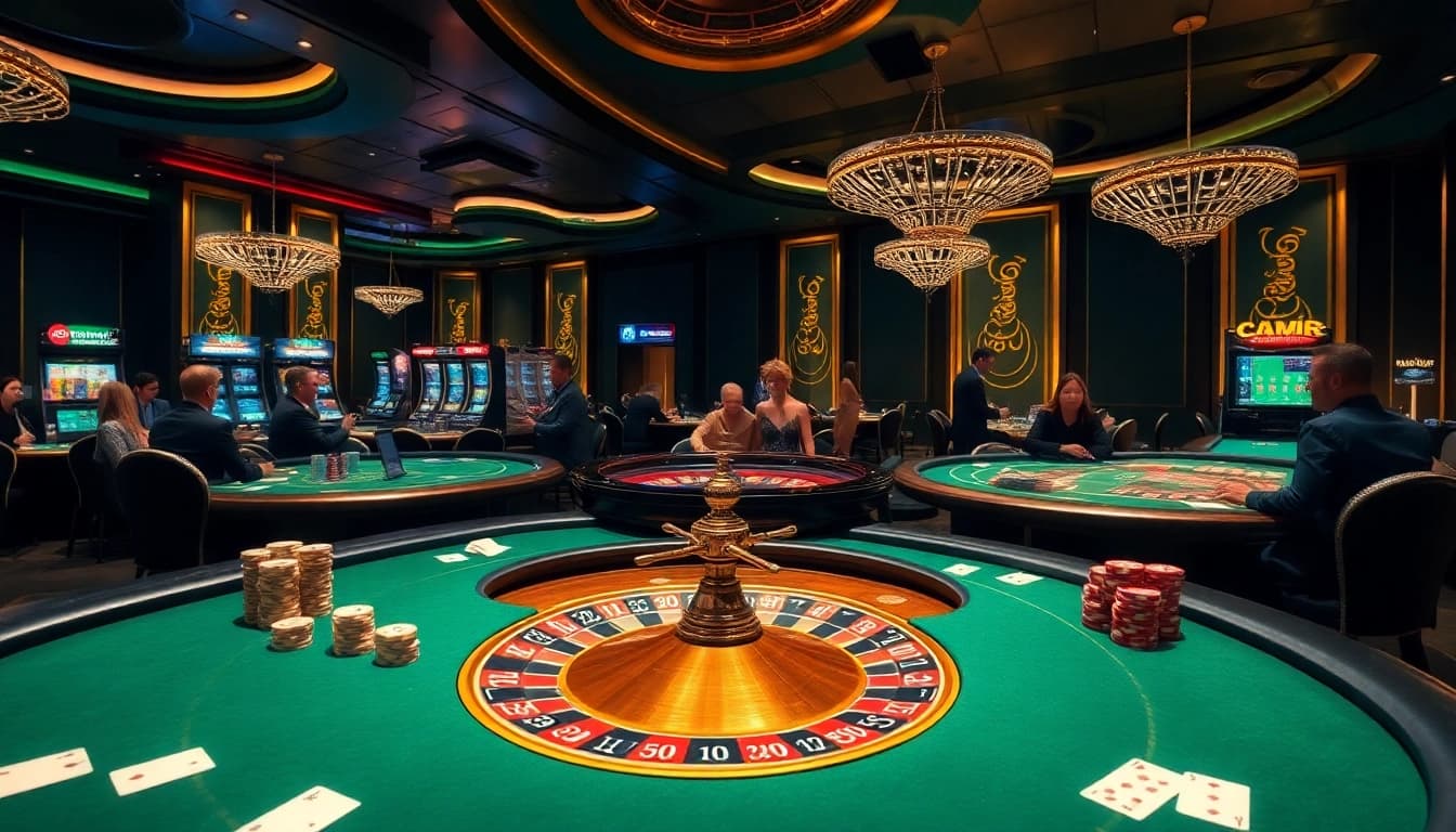 Players experiencing luxury gaming at mmoo.de.com, featuring poker tables and roulette wheels in a vibrant casino setting.
