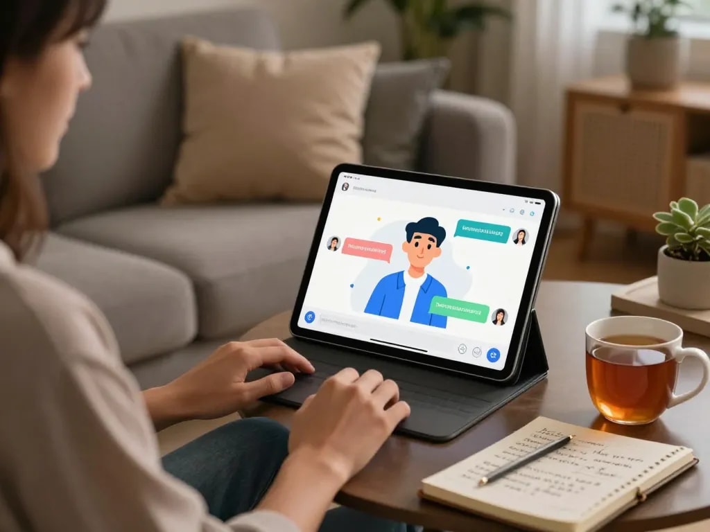 Engaging AI sex chat experience on a tablet in a cozy living room.