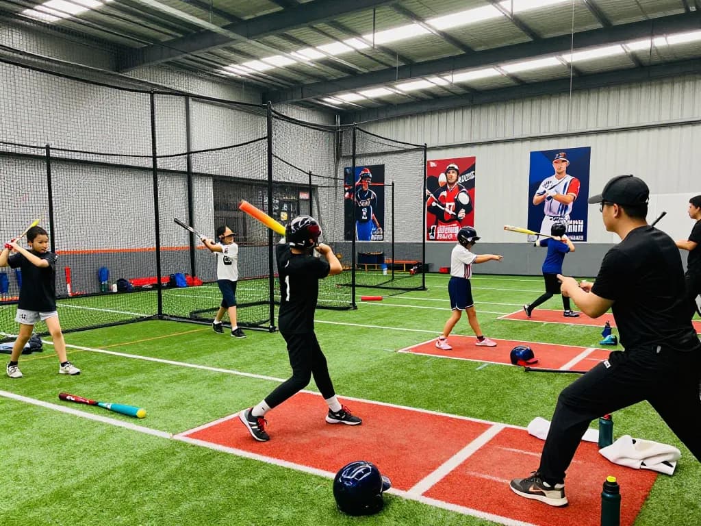 Young athletes training at hitclub indoor baseball facility, practicing swings with coaches.