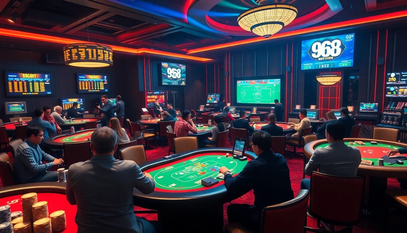 Experience the excitement of 98win's online casino, featuring engaging gaming tables and vibrant players in a luxurious atmosphere.