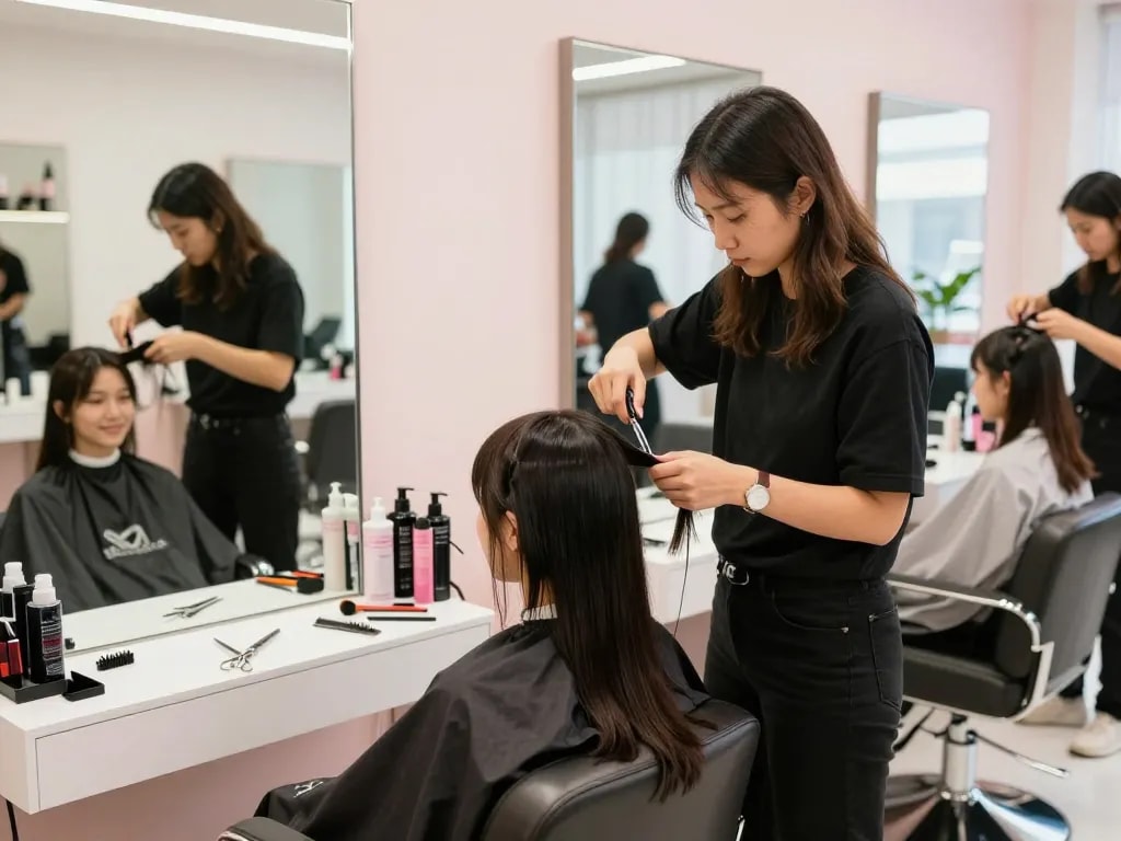 Hairdresser near me providing a haircut in a vibrant salon setting