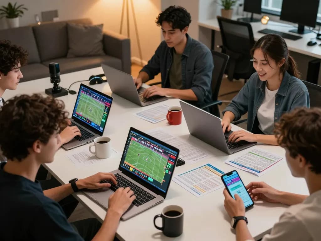Tylekeo sports bettors monitor live events on laptops and smartphones, excited for winning strategies.