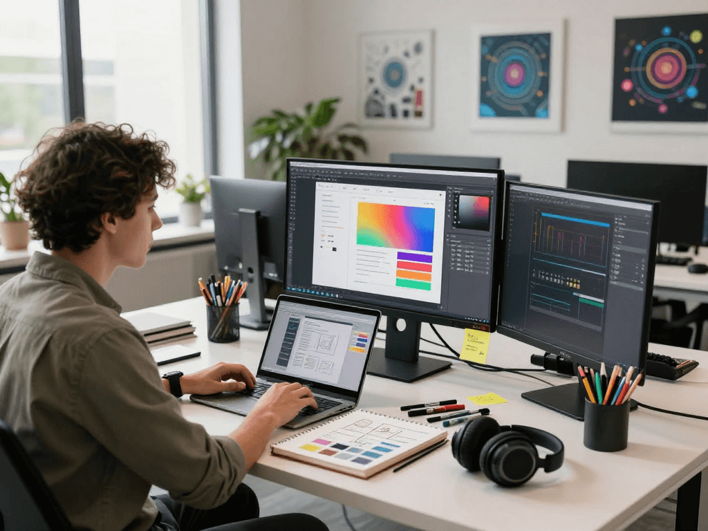 Designer collaborating on vibrant UI designs in tech workspace, ia +18.