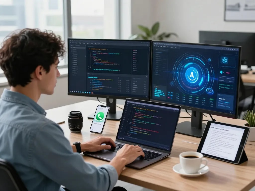 Moltbot AI assistant in a modern tech workspace, showcasing a developer using laptops and smartphones for efficient task management.