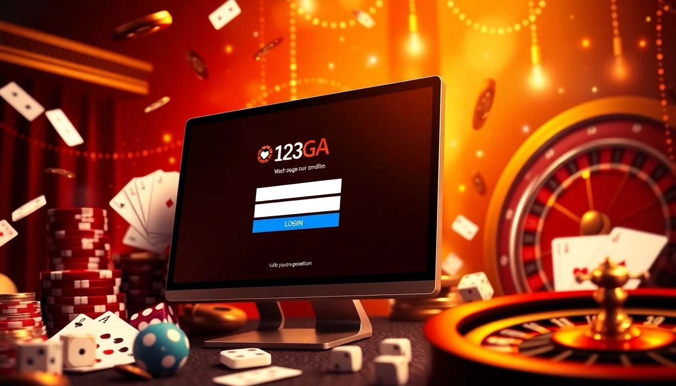 Engaging login experience with ĐĂNG NHẬP 123GA highlighted on a modern device amidst casino elements.