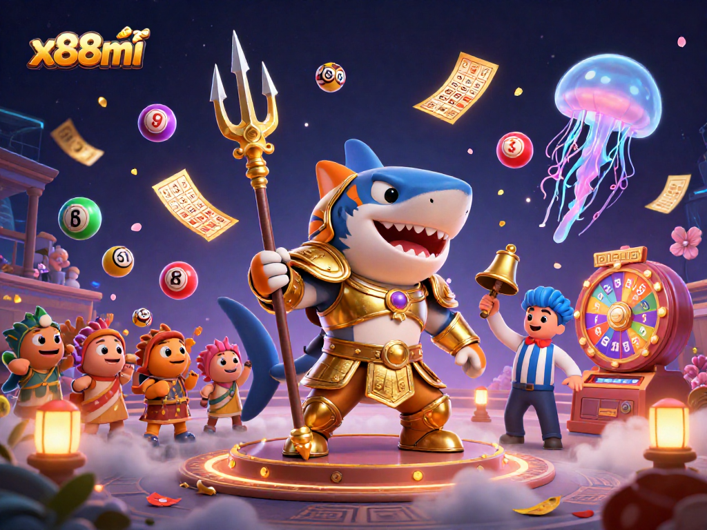 x88mi lottery scene featuring a tiger shark, colorful balls, and a lively underwater colosseum.