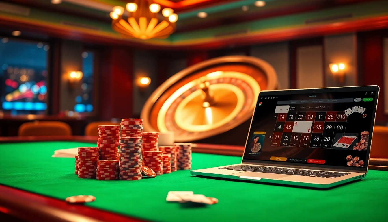 Engage in immersive gameplay at https://xx88.lol/ featuring vibrant poker chips and a roulette wheel.