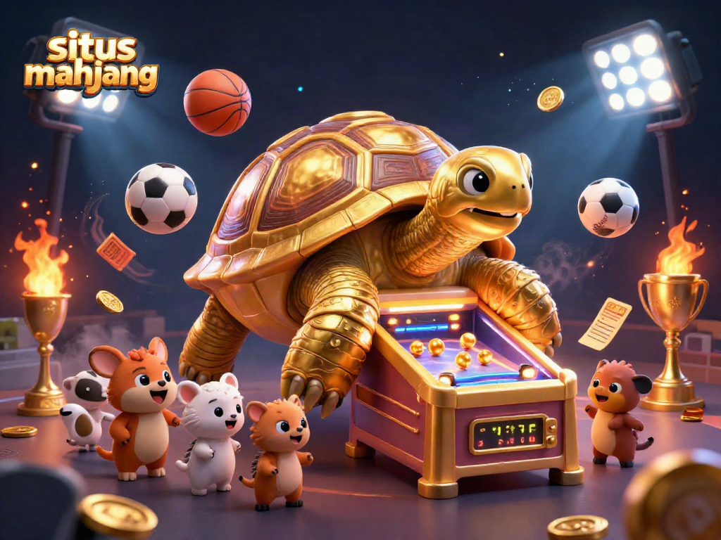 Engage in situs mahjong with an exciting illustration featuring a golden tortoise pinball machine surrounded by joyful animals.