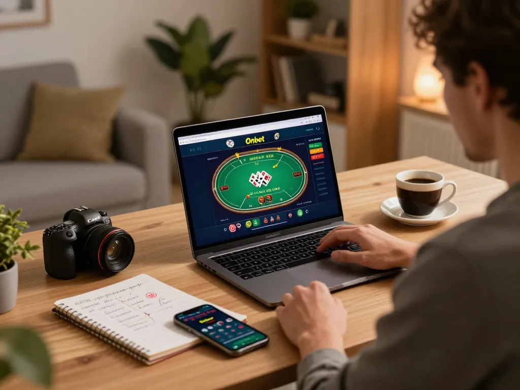 Play online poker on the Onbet platform in a cozy home office setup.