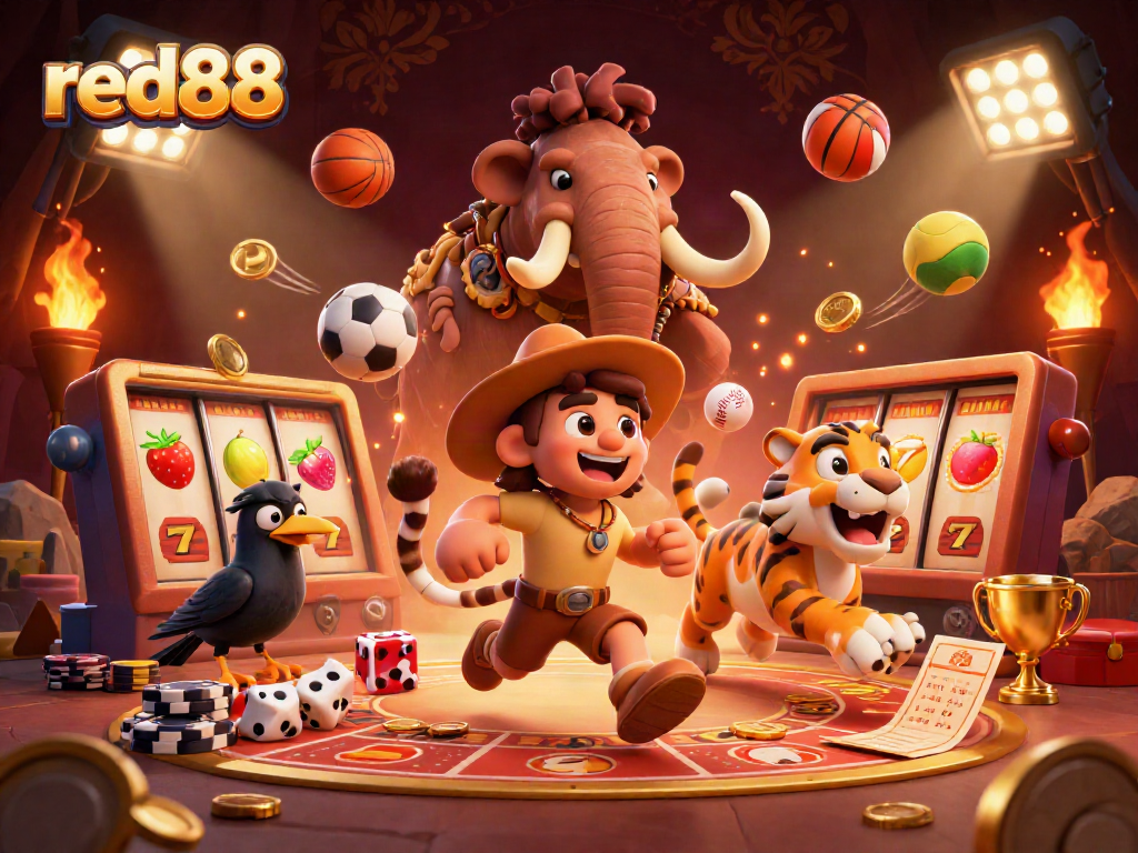 Experience thrilling gaming at red88 with a dynamic prehistoric casino scene featuring cartoon characters.